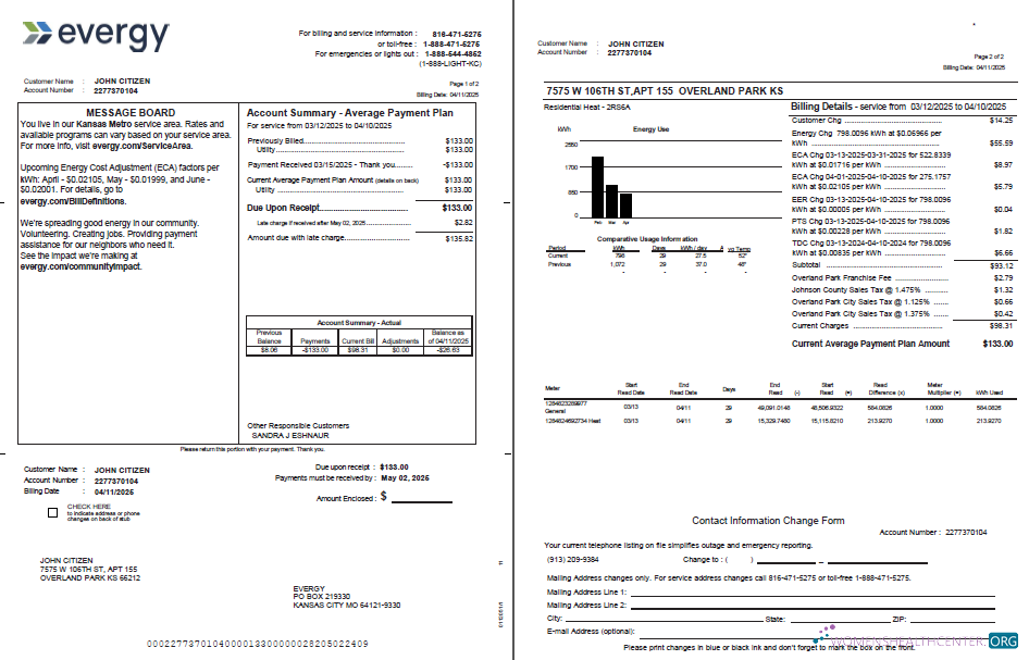 download USA Evergy utility bill template in Word and PDF formats, 2 pages, version 2 PDF template